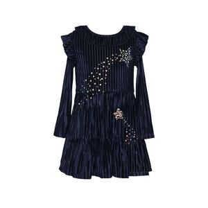 Shooting Stars Long Sleeve Velour Party Dress in Navy